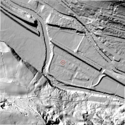 Shaded relief map of the ground around HX30UY, computed from Environment Agency LiDAR. The ground here sits at about 71 m above sea level and falls 132 m across the surrounding 800 m. Surface water reaching this point runs off ground lying to the west-south-west, 3.4 m higher.