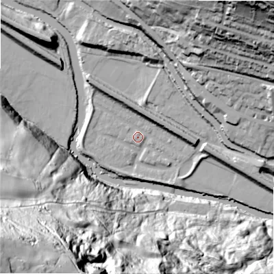 Shaded relief map of the ground around HX30UZ, computed from Environment Agency LiDAR. The ground here sits at about 71 m above sea level and falls 127 m across the surrounding 800 m. Surface water reaching this point runs off ground lying to the south, 3.2 m higher.