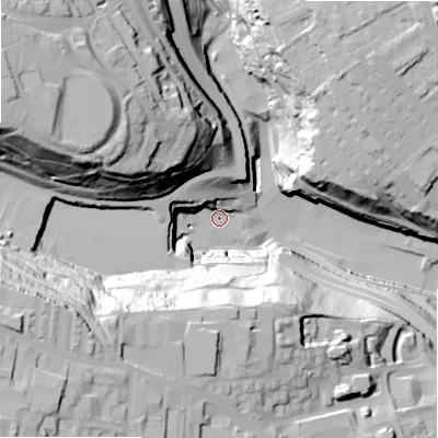 Shaded relief map of the ground around HX35AT, computed from Environment Agency LiDAR. The ground here sits at about 129 m above sea level and falls 76 m across the surrounding 800 m. Surface water reaching this point runs off ground lying to the west-south-west, 73.3 m higher.