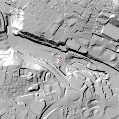 Shaded relief map of the ground around HX35AX, computed from Environment Agency LiDAR. The ground here sits at about 131 m above sea level and falls 101 m across the surrounding 800 m. Surface water reaching this point runs off ground lying to the west-south-west, 10.8 m higher.