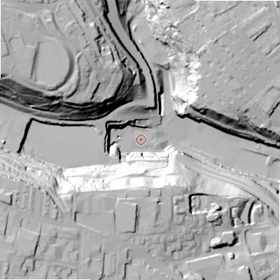 Shaded relief map of the ground around HX35HE, computed from Environment Agency LiDAR. The ground here sits at about 129 m above sea level and falls 76 m across the surrounding 800 m. Surface water reaching this point runs off ground lying to the west-south-west, 73.3 m higher.