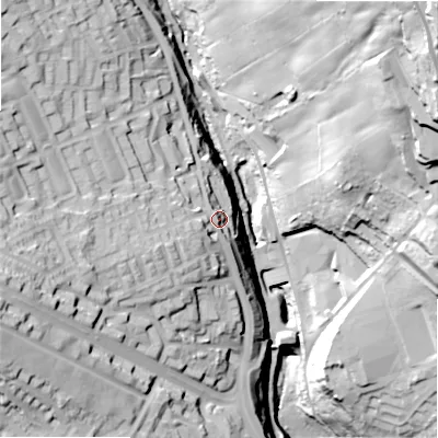 Shaded relief map of the ground around HX35QG, computed from Environment Agency LiDAR. The ground here sits at about 182 m above sea level and falls 105 m across the surrounding 800 m. Surface water reaching this point runs off ground lying to the west-south-west, 7.7 m higher.