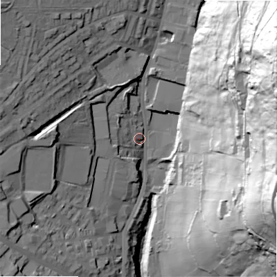 Shaded relief map of the ground around HX36RR, computed from Environment Agency LiDAR. The ground here sits at about 189 m above sea level and falls 113 m across the surrounding 800 m. Surface water reaching this point runs off ground lying to the west, 28.9 m higher.