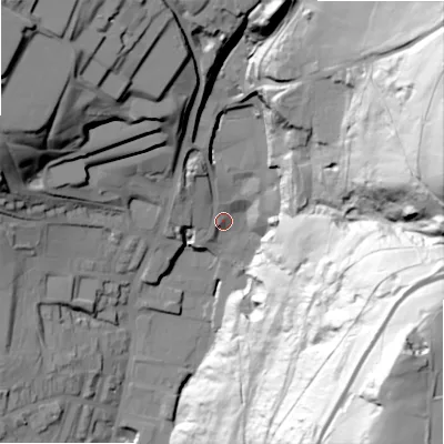 Shaded relief map of the ground around HX36SN, computed from Environment Agency LiDAR. The ground here sits at about 201 m above sea level and falls 135 m across the surrounding 800 m. Surface water reaching this point runs off ground lying to the north-north-west, 7.0 m higher.