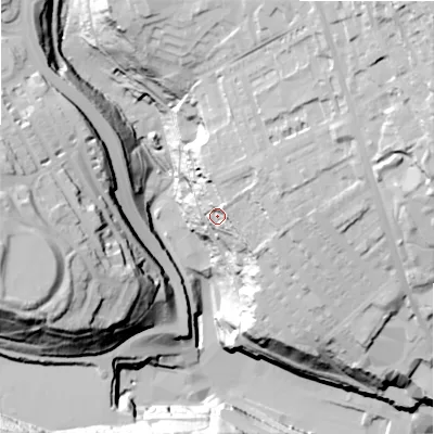 Shaded relief map of the ground around HX36TF, computed from Environment Agency LiDAR. The ground here sits at about 161 m above sea level and falls 82 m across the surrounding 800 m. Surface water reaching this point runs off ground lying to the north-east, 16.6 m higher.