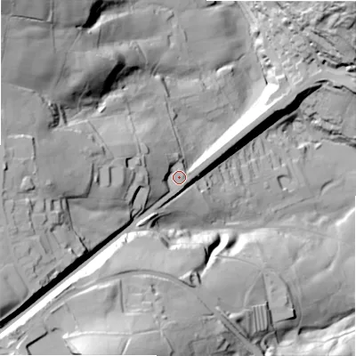 Shaded relief map of the ground around HX36XG, computed from Environment Agency LiDAR. The ground here sits at about 154 m above sea level and falls 99 m across the surrounding 800 m. Surface water reaching this point runs off ground lying to the west, 52.8 m higher.