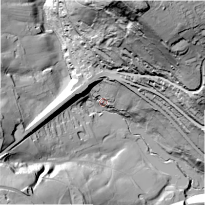 Shaded relief map of the ground around HX36XL, computed from Environment Agency LiDAR. The ground here sits at about 122 m above sea level and falls 144 m across the surrounding 800 m. Surface water reaching this point runs off ground lying to the north-north-east, 130.7 m higher.