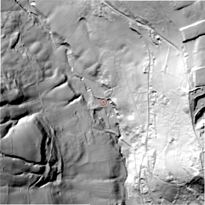 Shaded relief map of the ground around HX36XN, computed from Environment Agency LiDAR. The ground here sits at about 132 m above sea level and falls 140 m across the surrounding 800 m. Surface water reaching this point runs off ground lying to the north-east, 130.5 m higher.