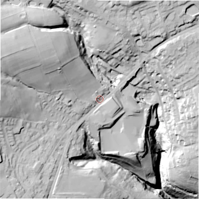 Shaded relief map of the ground around HX37PB, computed from Environment Agency LiDAR. The ground here sits at about 245 m above sea level and falls 87 m across the surrounding 800 m. Surface water reaching this point runs off ground lying to the west-north-west, 36.2 m higher.