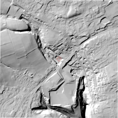 Shaded relief map of the ground around HX37PE, computed from Environment Agency LiDAR. The ground here sits at about 241 m above sea level and falls 78 m across the surrounding 800 m. Surface water reaching this point runs off ground lying to the west-north-west, 40.0 m higher.