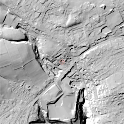 Shaded relief map of the ground around HX37PF, computed from Environment Agency LiDAR. The ground here sits at about 248 m above sea level and falls 74 m across the surrounding 800 m. Surface water reaching this point runs off ground lying to the north-north-west, 29.1 m higher.