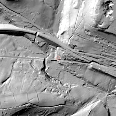 Shaded relief map of the ground around HX38PJ, computed from Environment Agency LiDAR. The ground here sits at about 109 m above sea level and falls 115 m across the surrounding 800 m. Surface water reaching this point runs off ground lying to the east, 26.5 m higher.