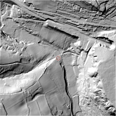 Shaded relief map of the ground around HX38PL, computed from Environment Agency LiDAR. The ground here sits at about 95 m above sea level and falls 97 m across the surrounding 800 m. Surface water reaching this point runs off ground lying to the north-north-east, 91.0 m higher.