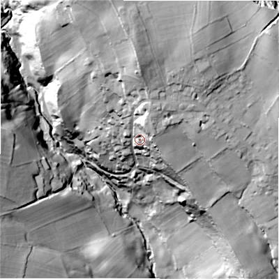 Shaded relief map of the ground around HX38QX, computed from Environment Agency LiDAR. The ground here sits at about 157 m above sea level and falls 68 m across the surrounding 800 m. Surface water reaching this point runs off ground lying to the north, 23.8 m higher.
