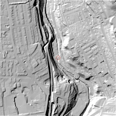 Shaded relief map of the ground around HX39EU, computed from Environment Agency LiDAR. The ground here sits at about 86 m above sea level and falls 102 m across the surrounding 800 m. Surface water reaching this point runs off ground lying to the north-east, 96.5 m higher.
