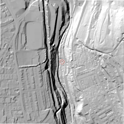 Shaded relief map of the ground around HX39EX, computed from Environment Agency LiDAR. The ground here sits at about 92 m above sea level and falls 105 m across the surrounding 800 m. Surface water reaching this point runs off ground lying to the east-north-east, 95.7 m higher.