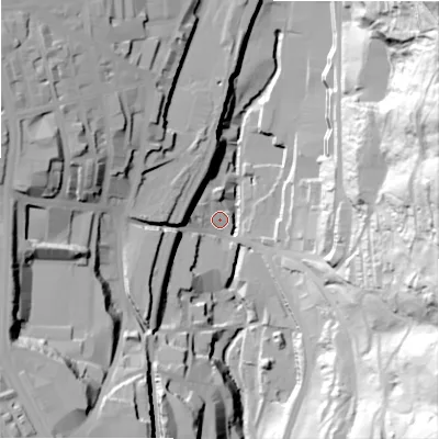 Shaded relief map of the ground around HX39HG, computed from Environment Agency LiDAR. The ground here sits at about 103 m above sea level and falls 92 m across the surrounding 800 m. Surface water reaching this point runs off ground lying to the west-north-west, 45.7 m higher.