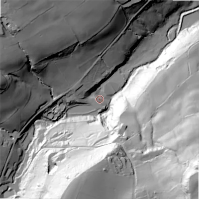 Shaded relief map of the ground around HX40AD, computed from Environment Agency LiDAR. The ground here sits at about 106 m above sea level and falls 123 m across the surrounding 800 m. Surface water reaching this point runs off ground lying to the north-west, 15.4 m higher.