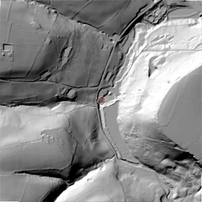 Shaded relief map of the ground around HX40HF, computed from Environment Agency LiDAR. The ground here sits at about 114 m above sea level and falls 91 m across the surrounding 800 m. Surface water reaching this point runs off ground lying to the east, 82.9 m higher.