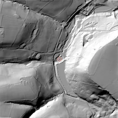 Shaded relief map of the ground around HX40HG, computed from Environment Agency LiDAR. The ground here sits at about 112 m above sea level and falls 91 m across the surrounding 800 m. Surface water reaching this point runs off ground lying to the east, 83.1 m higher.