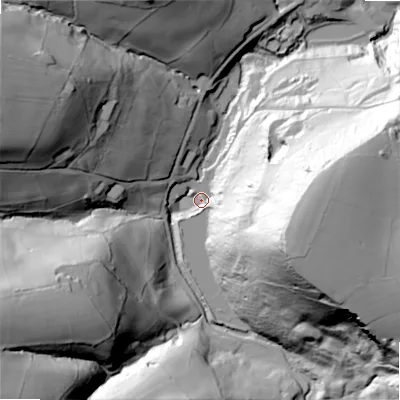 Shaded relief map of the ground around HX40HQ, computed from Environment Agency LiDAR. The ground here sits at about 114 m above sea level and falls 93 m across the surrounding 800 m. Surface water reaching this point runs off ground lying to the east, 83.1 m higher.