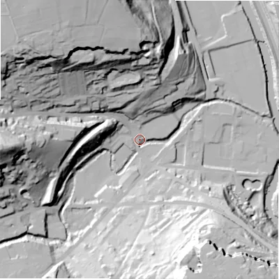 Shaded relief map of the ground around HX48AL, computed from Environment Agency LiDAR. The ground here sits at about 69 m above sea level and falls 76 m across the surrounding 800 m. Surface water reaching this point runs off ground lying to the north-west, 67.3 m higher.