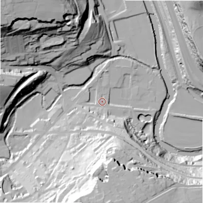 Shaded relief map of the ground around HX48AQ, computed from Environment Agency LiDAR. The ground here sits at about 69 m above sea level and falls 74 m across the surrounding 800 m. Surface water reaching this point runs off ground lying to the south-south-east, 18.5 m higher.