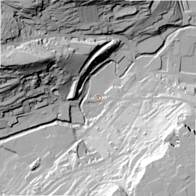 Shaded relief map of the ground around HX48BA, computed from Environment Agency LiDAR. The ground here sits at about 70 m above sea level and falls 74 m across the surrounding 800 m. Surface water reaching this point runs off ground lying to the south-east, 4.9 m higher.