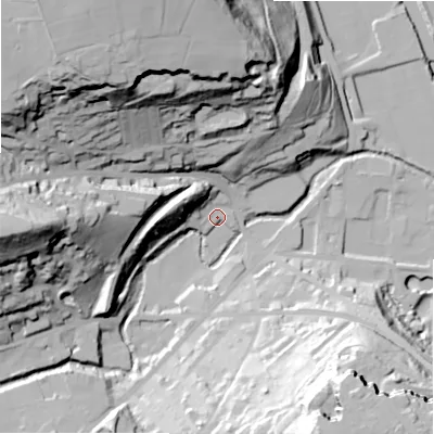 Shaded relief map of the ground around HX48EE, computed from Environment Agency LiDAR. The ground here sits at about 70 m above sea level and falls 76 m across the surrounding 800 m. Surface water reaching this point runs off ground lying to the west, 63.6 m higher.
