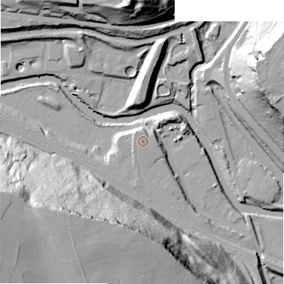 Shaded relief map of the ground around HX48LP, computed from Environment Agency LiDAR. The ground here sits at about 76 m above sea level and falls 83 m across the surrounding 800 m. Surface water reaching this point runs off ground lying to the north-west, 0.8 m higher.
