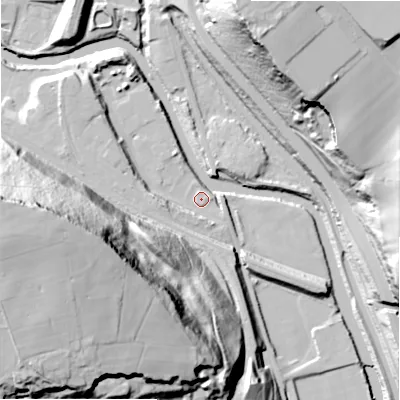 Shaded relief map of the ground around HX48LR, computed from Environment Agency LiDAR. The ground here sits at about 69 m above sea level and falls 79 m across the surrounding 800 m. Surface water reaching this point runs off ground lying to the west, 72.0 m higher.