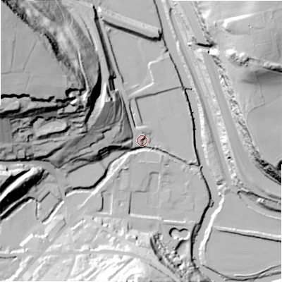 Shaded relief map of the ground around HX48LS, computed from Environment Agency LiDAR. The ground here sits at about 68 m above sea level and falls 68 m across the surrounding 800 m. Surface water reaching this point runs off ground lying to the west-north-west, 63.7 m higher.