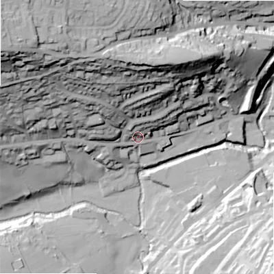 Shaded relief map of the ground around HX48LZ, computed from Environment Agency LiDAR. The ground here sits at about 88 m above sea level and falls 85 m across the surrounding 800 m. Surface water reaching this point runs off ground lying to the north-west, 67.7 m higher.