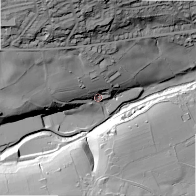 Shaded relief map of the ground around HX48NH, computed from Environment Agency LiDAR. The ground here sits at about 91 m above sea level and falls 74 m across the surrounding 800 m. Surface water reaching this point runs off ground lying to the north-west, 37.0 m higher.