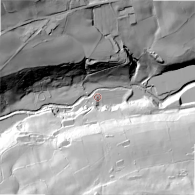 Shaded relief map of the ground around HX48NP, computed from Environment Agency LiDAR. The ground here sits at about 92 m above sea level and falls 81 m across the surrounding 800 m. Surface water reaching this point runs off ground lying to the south-west, 3.0 m higher.