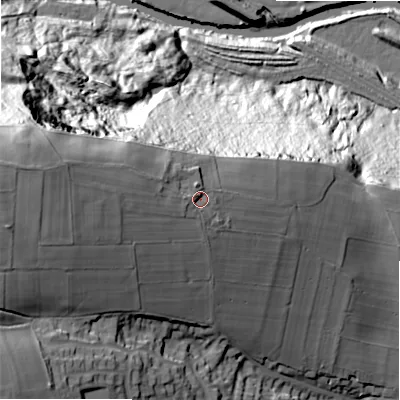 Shaded relief map of the ground around HX48QB, computed from Environment Agency LiDAR. The ground here sits at about 156 m above sea level and falls 110 m across the surrounding 800 m. Surface water reaching this point runs off ground lying to the west, 18.8 m higher.