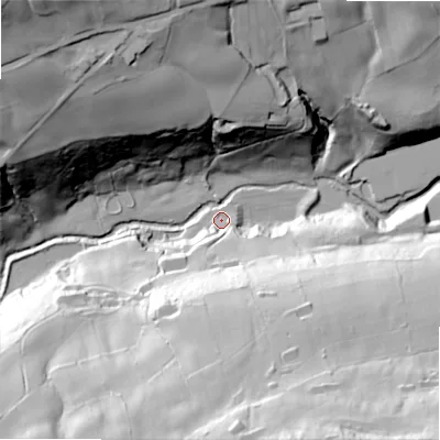 Shaded relief map of the ground around HX48QS, computed from Environment Agency LiDAR. The ground here sits at about 95 m above sea level and falls 83 m across the surrounding 800 m. Surface water reaching this point runs off ground lying to the south, 72.3 m higher.