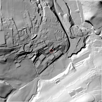 Shaded relief map of the ground around HX49AP, computed from Environment Agency LiDAR. The ground here sits at about 132 m above sea level and falls 91 m across the surrounding 800 m. Surface water reaching this point runs off ground lying to the west-north-west, 32.4 m higher.