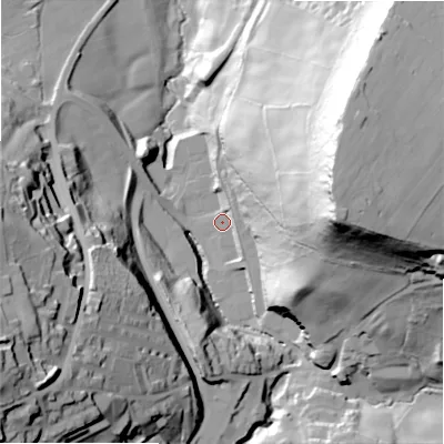 Shaded relief map of the ground around HX49BH, computed from Environment Agency LiDAR. The ground here sits at about 98 m above sea level and falls 85 m across the surrounding 800 m. Surface water reaching this point runs off ground lying to the east-north-east, 71.1 m higher.