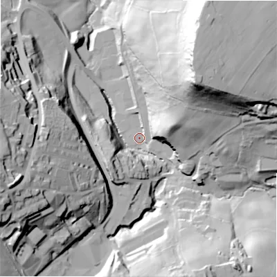 Shaded relief map of the ground around HX49BJ, computed from Environment Agency LiDAR. The ground here sits at about 99 m above sea level and falls 81 m across the surrounding 800 m. Surface water reaching this point runs off ground lying to the east-north-east, 27.8 m higher.
