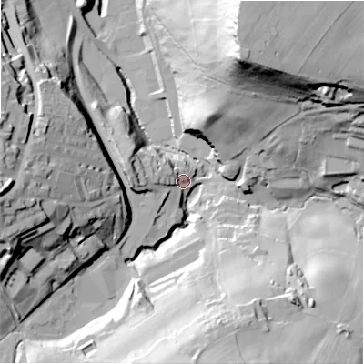 Shaded relief map of the ground around HX49BQ, computed from Environment Agency LiDAR. The ground here sits at about 108 m above sea level and falls 77 m across the surrounding 800 m. Surface water reaching this point runs off ground lying to the west, 11.6 m higher.