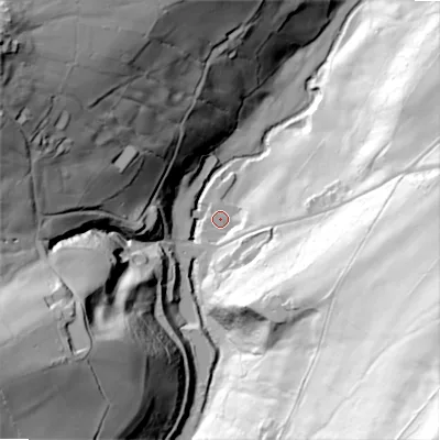 Shaded relief map of the ground around HX49NB, computed from Environment Agency LiDAR. The ground here sits at about 148 m above sea level and falls 150 m across the surrounding 800 m. Surface water reaching this point runs off ground lying to the south-east, 108.2 m higher.