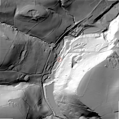 Shaded relief map of the ground around HX49PU, computed from Environment Agency LiDAR. The ground here sits at about 111 m above sea level and falls 93 m across the surrounding 800 m. Surface water reaching this point runs off ground lying to the south-east, 84.8 m higher.