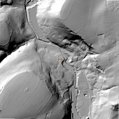 Shaded relief map of the ground around HX49PX, computed from Environment Agency LiDAR. The ground here sits at about 127 m above sea level and falls 90 m across the surrounding 800 m. Surface water reaching this point runs off ground lying to the south-west, 74.2 m higher.