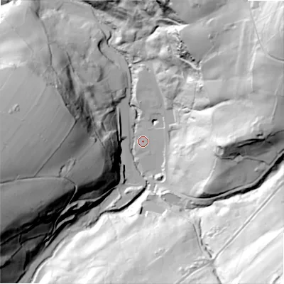 Shaded relief map of the ground around HX49PY, computed from Environment Agency LiDAR. The ground here sits at about 128 m above sea level and falls 112 m across the surrounding 800 m. Surface water reaching this point runs off ground lying to the south-east, 102.6 m higher.