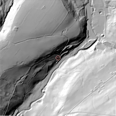Shaded relief map of the ground around HX49PZ, computed from Environment Agency LiDAR. The ground here sits at about 146 m above sea level and falls 114 m across the surrounding 800 m. Surface water reaching this point runs off ground lying to the west-north-west, 72.4 m higher.