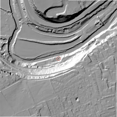Shaded relief map of the ground around HX50RY, computed from Environment Agency LiDAR. The ground here sits at about 66 m above sea level and falls 75 m across the surrounding 800 m. Surface water reaching this point runs off ground lying to the south-west, 74.2 m higher.
