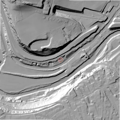 Shaded relief map of the ground around HX50SH, computed from Environment Agency LiDAR. The ground here sits at about 66 m above sea level and falls 67 m across the surrounding 800 m. Surface water reaching this point runs off ground lying to the north-west, 51.0 m higher.
