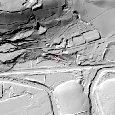 Shaded relief map of the ground around HX59AQ, computed from Environment Agency LiDAR. The ground here sits at about 65 m above sea level and falls 140 m across the surrounding 800 m. Surface water reaching this point runs off ground lying to the north, 5.7 m higher.