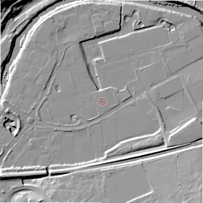 Shaded relief map of the ground around HX59DA, computed from Environment Agency LiDAR. The ground here sits at about 65 m above sea level and falls 28 m across the surrounding 800 m. The ground contributing surface water to this point lies to the west-north-west.